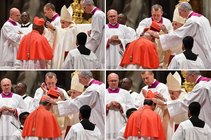 O Papa Francisco nomeia quatro cardeais em 5 de outubro de 2019, na Basílica de São Pedro, no Vaticano. No sentido horário, a partir do canto superior esquerdo: prelado congolês Fridolin Ambongo Besungu; o prelado guatemalteco Alvaro Leonel Ramazzini Imeri; o prelado indonésio Ignatius Suharyo Hardjoatmodjo; e o prelado cubano Juan de la Caridad Garcia Rodriguez. (Fotos de Tiziana Fabi/AFP/Getty Images)