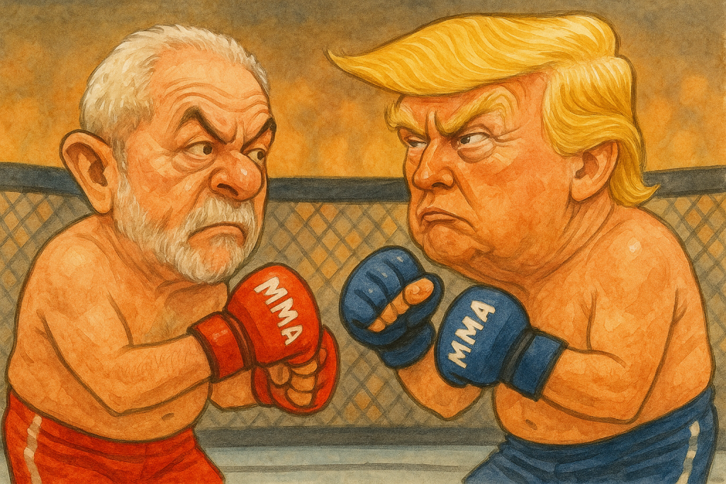 Briga entre Lula e Trump por causa dos BRICS é retratada em charge do O Cafezinho.