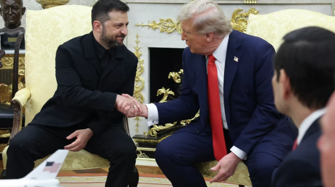 Em Washington, Zelenskyy tenta falar a língua de Trump: nada de doações, mas contratos bilionários que sustentam a indústria bélica americana.