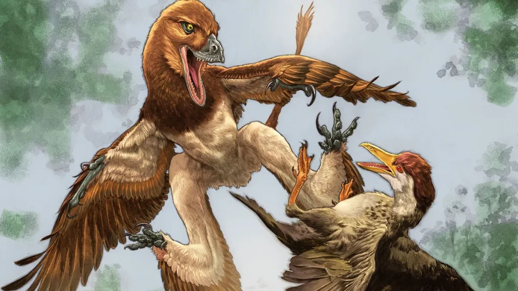 Ilustração de um dinossauro com quatro asas caçando uma ave no Cretáceo chinês. (Foto: livescience.com)