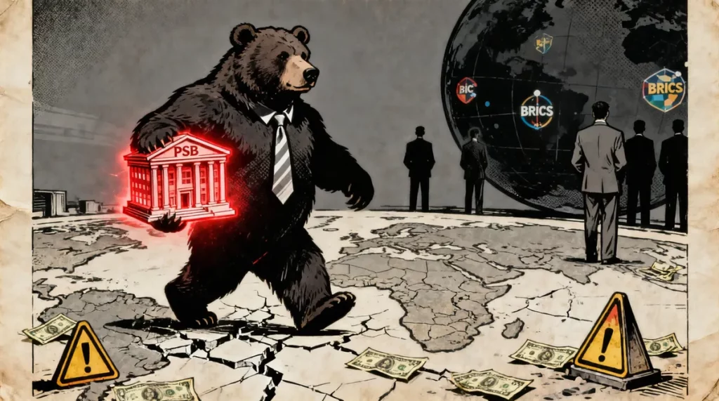 Ilustração editorial sobre Banco russo PSB consolida presença em zonas de risco nas novas regiões. (Ilustração: Cafezinho / W