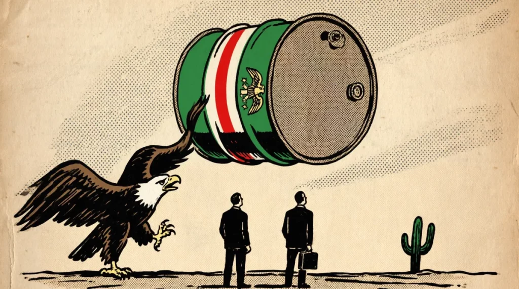Ilustração editorial sobre Políticas de Salinas e Zedillo entregaram soberania energética do México aos EUA, revela investiga