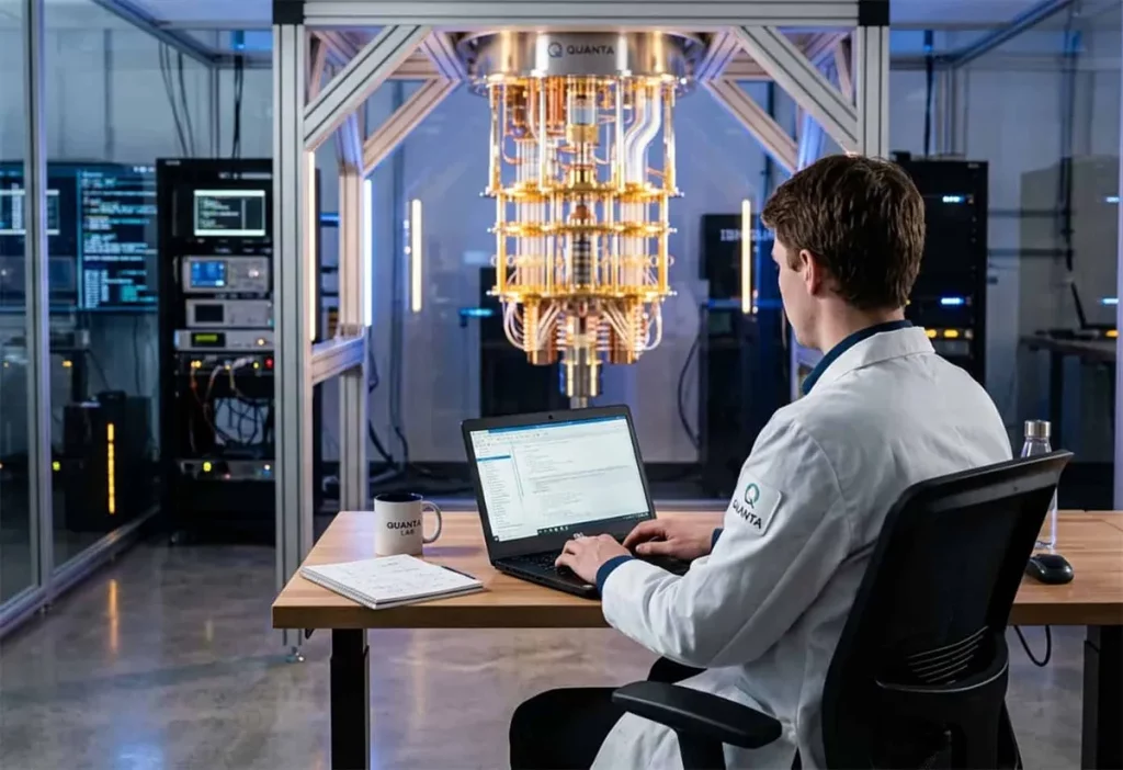 Pesquisador trabalha em computador ao lado de equipamento quântico da Quanta. (Foto: olhardigital.com.br)
