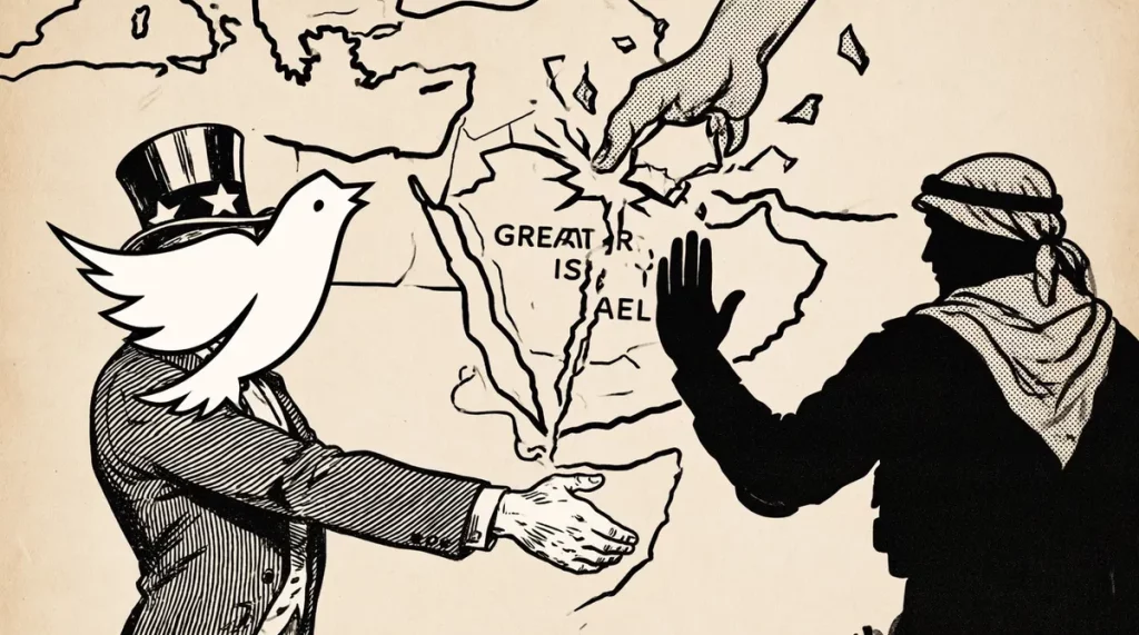Ilustração editorial sobre Líder do Hezbollah rejeita cessar-fogo mediado pelos EUA e denuncia projeto do Grande Israel. (Ilu