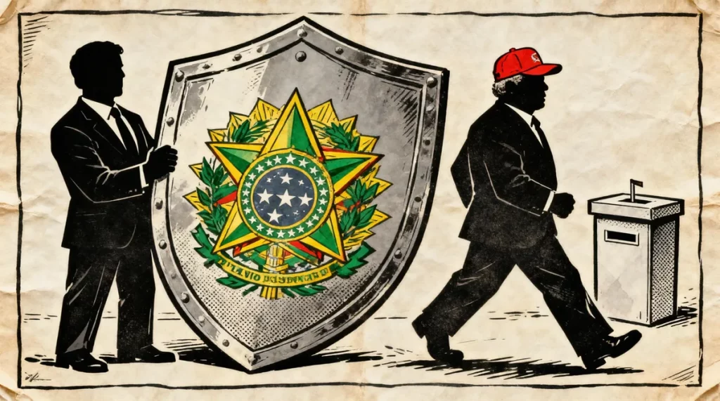 Ilustração editorial sobre Flávio Bolsonaro assume papel de guardião da grife familiar na sucessão presidencial. (Ilustração: