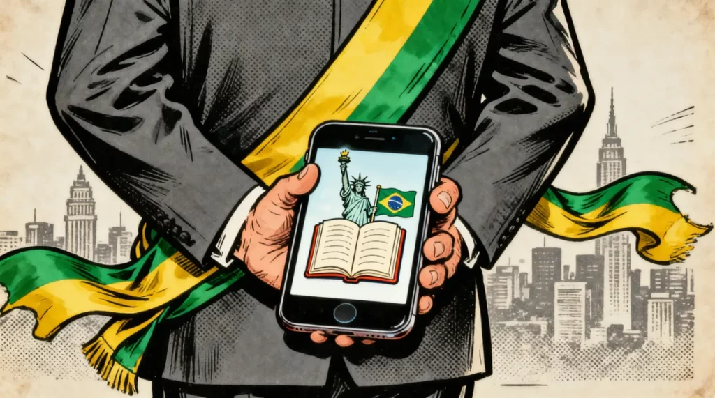 Ilustração editorial sobre Governo Lula lança app gratuito de idiomas e reforça soberania com frase em inglês. (Ilustração: C