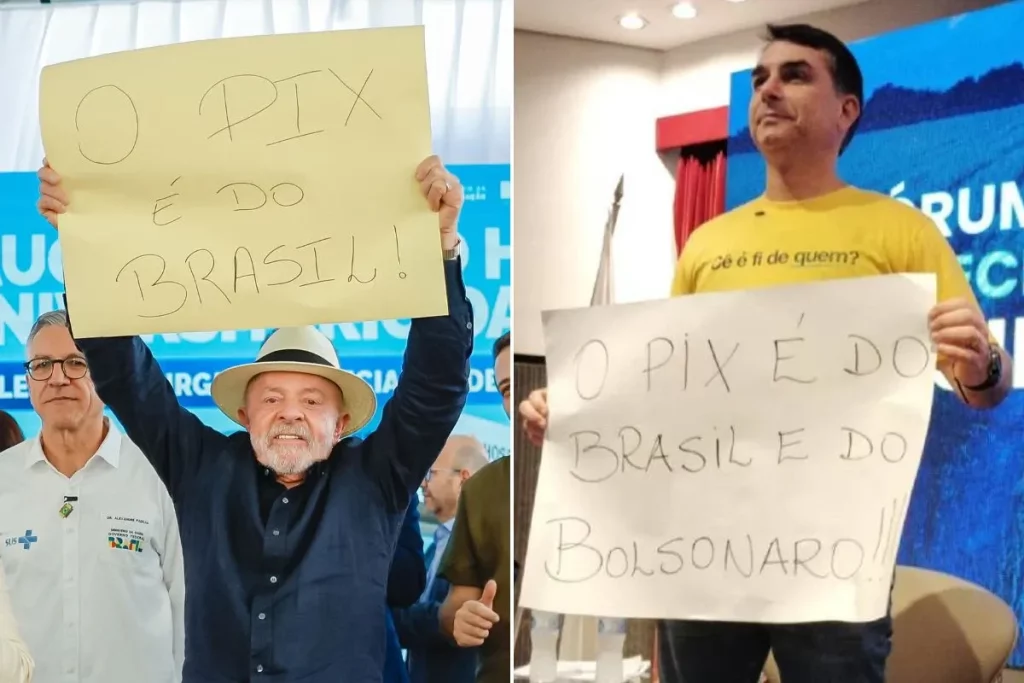 Lula e Flávio Bolsonaro seguram cartazes com mensagens sobre o Pix durante eventos distintos. (Foto: www.metropoles.com)