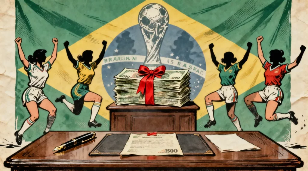 Ilustração editorial sobre Lula sanciona lei da Copa Feminina de 2027 e premia pioneiras com R$ 500 mil. (Ilustração: Cafezin