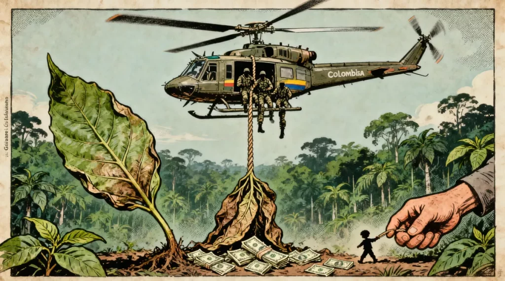 Ilustração editorial sobre Colômbia realiza operação militar contra dissidências das FARC em Guaviare. (Ilustração: Cafezinho