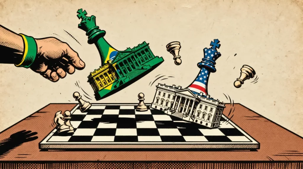 Ilustração editorial sobre Planalto trava jogo de xadrez com governo dos EUA sob interferência do clã Bolsonaro. (Ilustração: