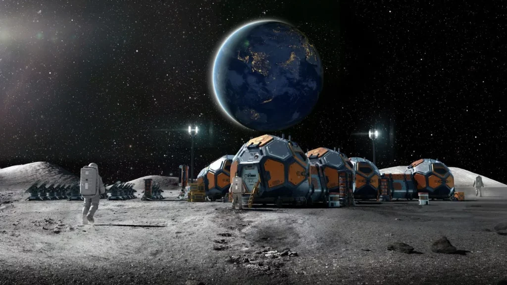 Astronauta caminha em base lunar com módulos e Terra ao fundo. (Foto: space.com)